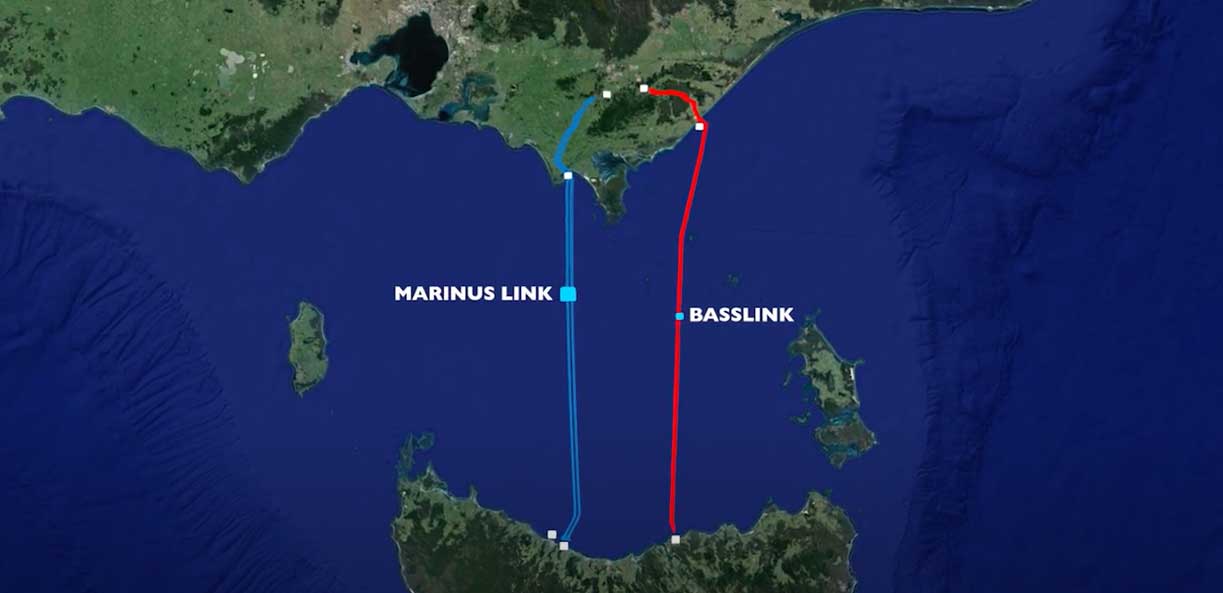Map of tasmania showing a line to victoria where the basslink and Marinus link is.
